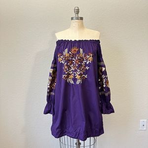 FREE PEOPLE Embroidered Fleur Du Jour Shift Mini Dress Purple